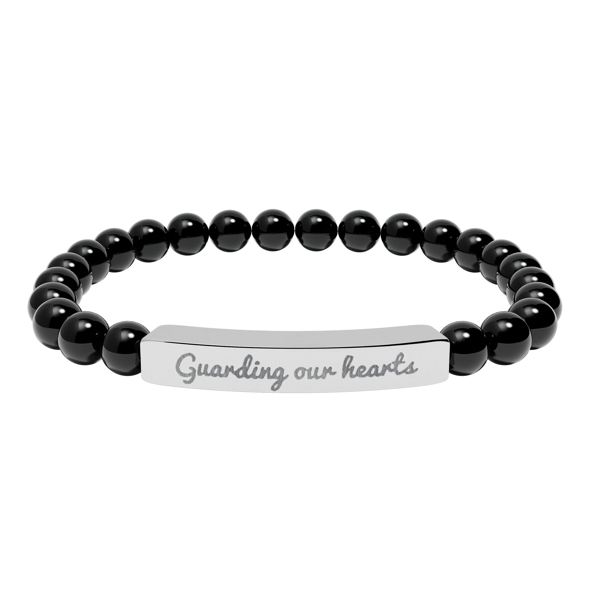 Engraved Natural Stone Stretch Bracelet — 'Guarding Our Hearts' Beaded Bar Bracelet