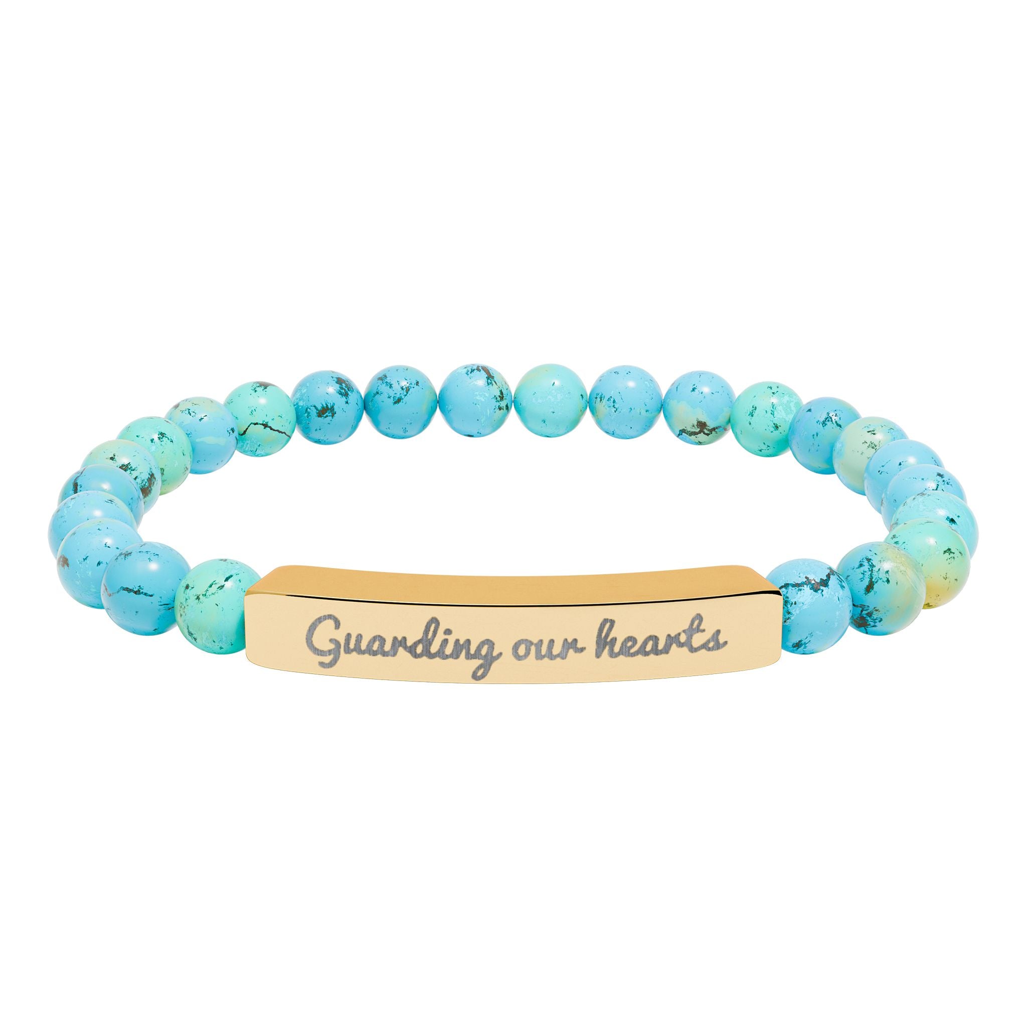 Engraved Natural Stone Stretch Bracelet — 'Guarding Our Hearts' Beaded Bar Bracelet