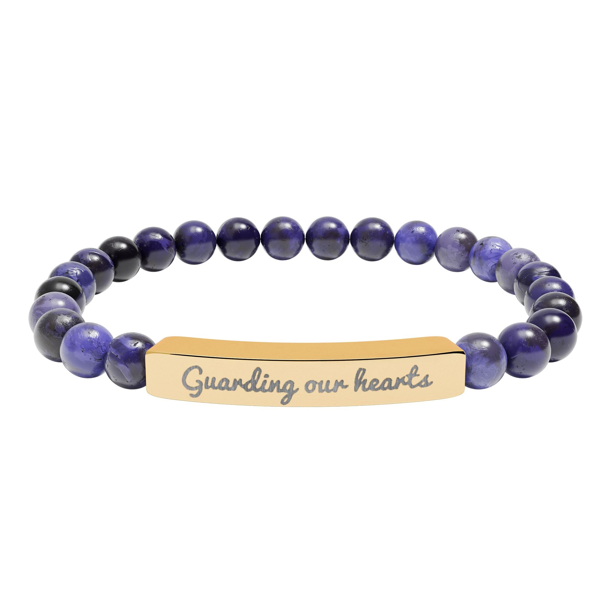 Engraved Natural Stone Stretch Bracelet — 'Guarding Our Hearts' Beaded Bar Bracelet