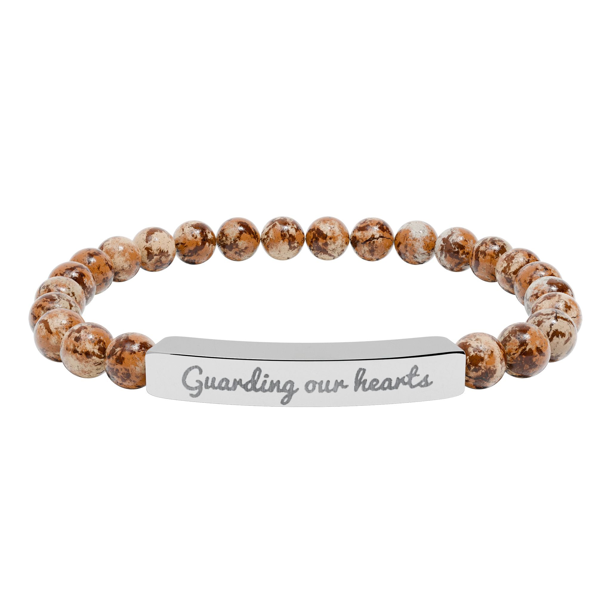 Engraved Natural Stone Stretch Bracelet — 'Guarding Our Hearts' Beaded Bar Bracelet