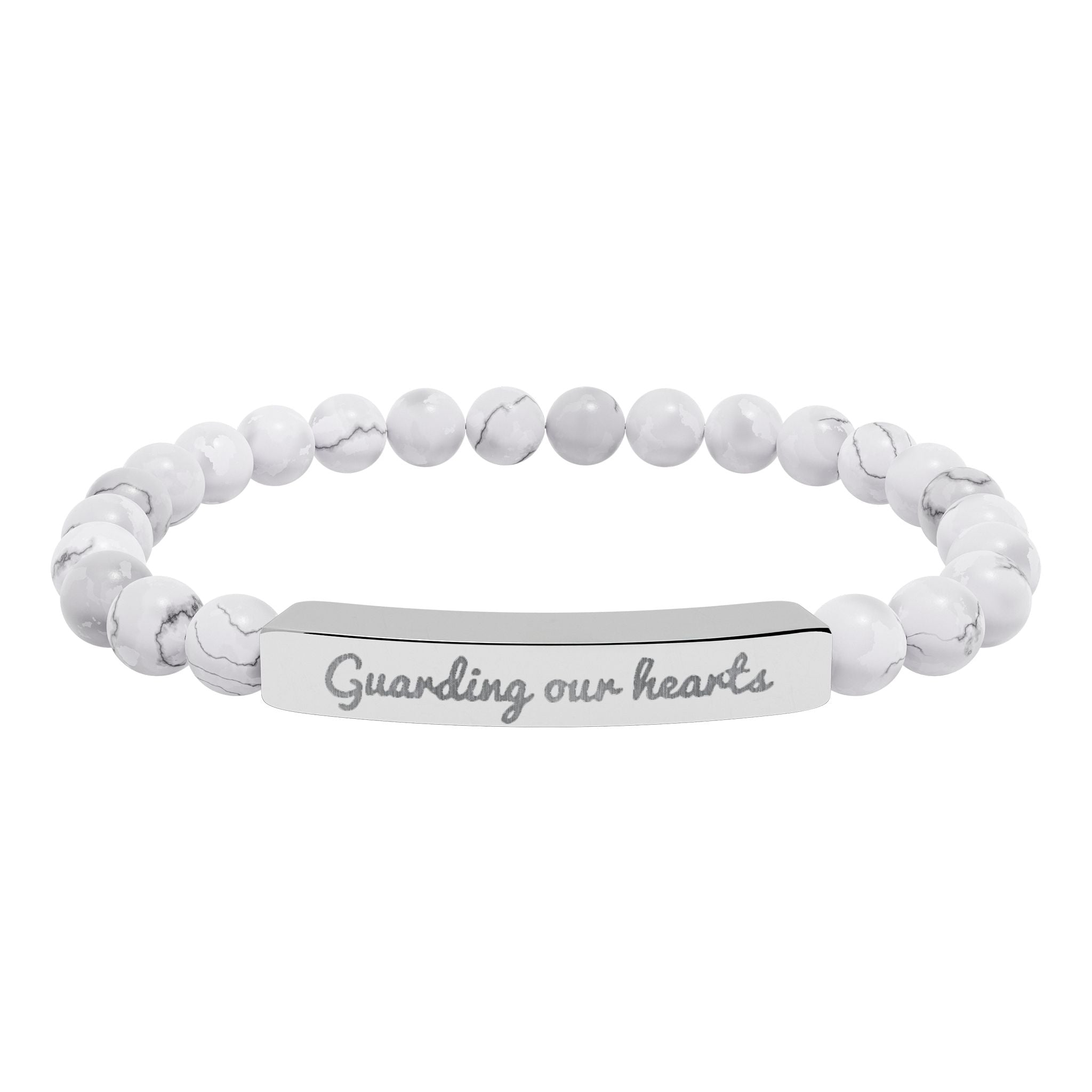 Engraved Natural Stone Stretch Bracelet — 'Guarding Our Hearts' Beaded Bar Bracelet