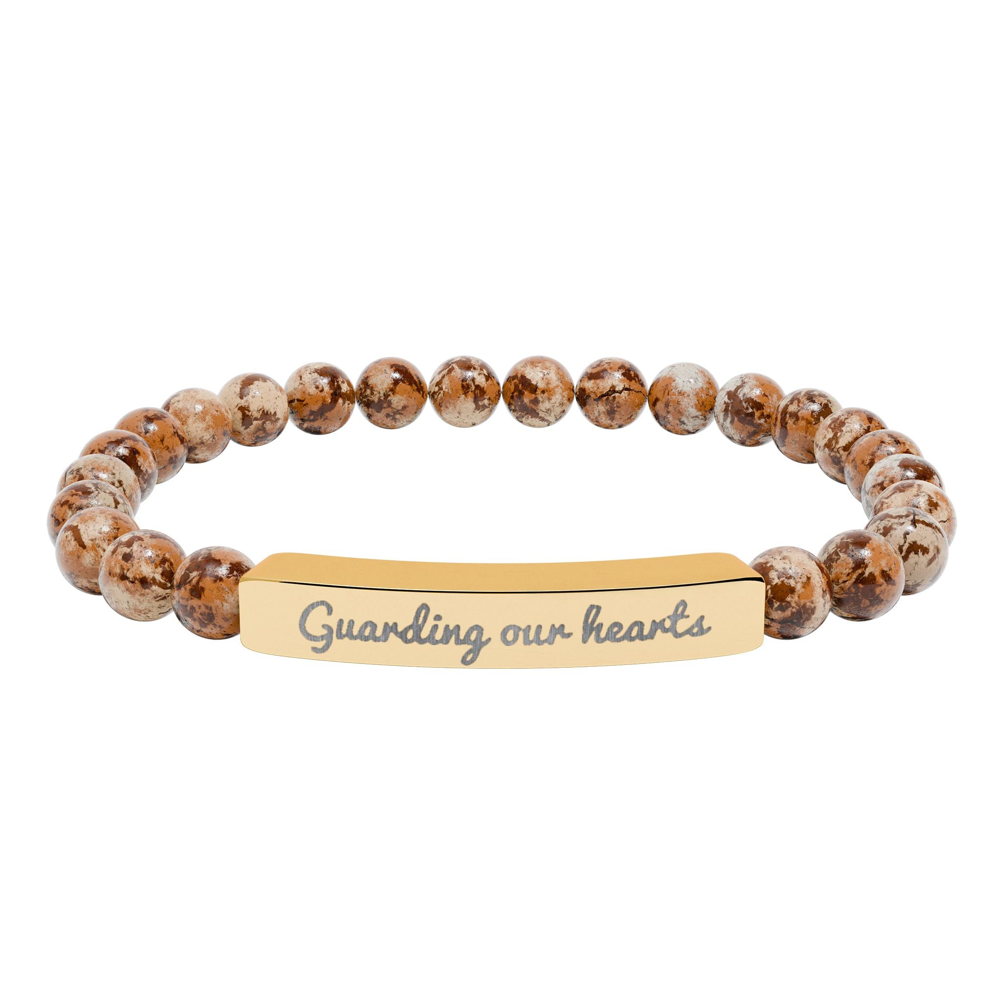 Engraved Natural Stone Stretch Bracelet — 'Guarding Our Hearts' Beaded Bar Bracelet