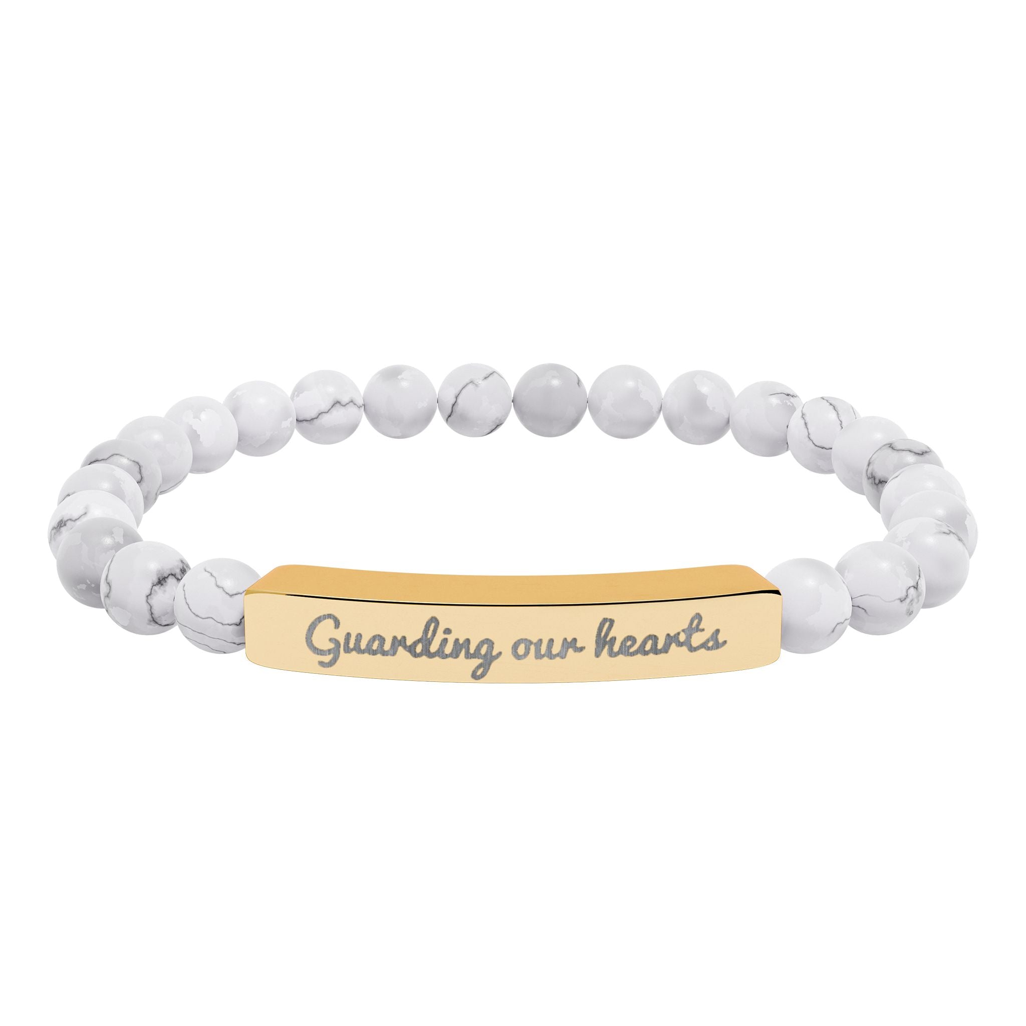 Engraved Natural Stone Stretch Bracelet — 'Guarding Our Hearts' Beaded Bar Bracelet