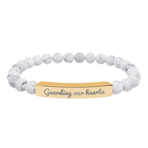 Engraved Natural Stone Stretch Bracelet — 'Guarding Our Hearts' Beaded Bar Bracelet