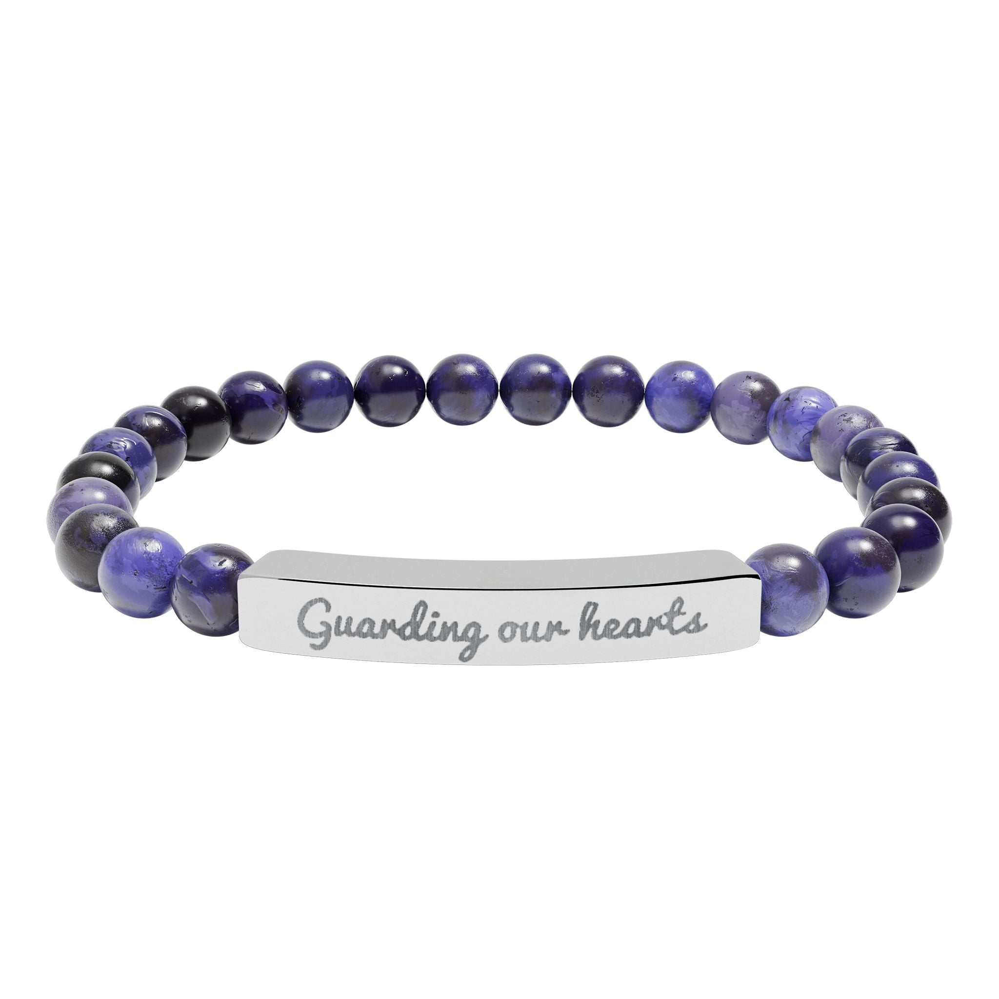 Engraved Natural Stone Stretch Bracelet — 'Guarding Our Hearts' Beaded Bar Bracelet