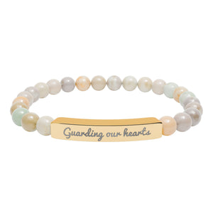 Engraved Natural Stone Stretch Bracelet — 'Guarding Our Hearts' Beaded Bar Bracelet