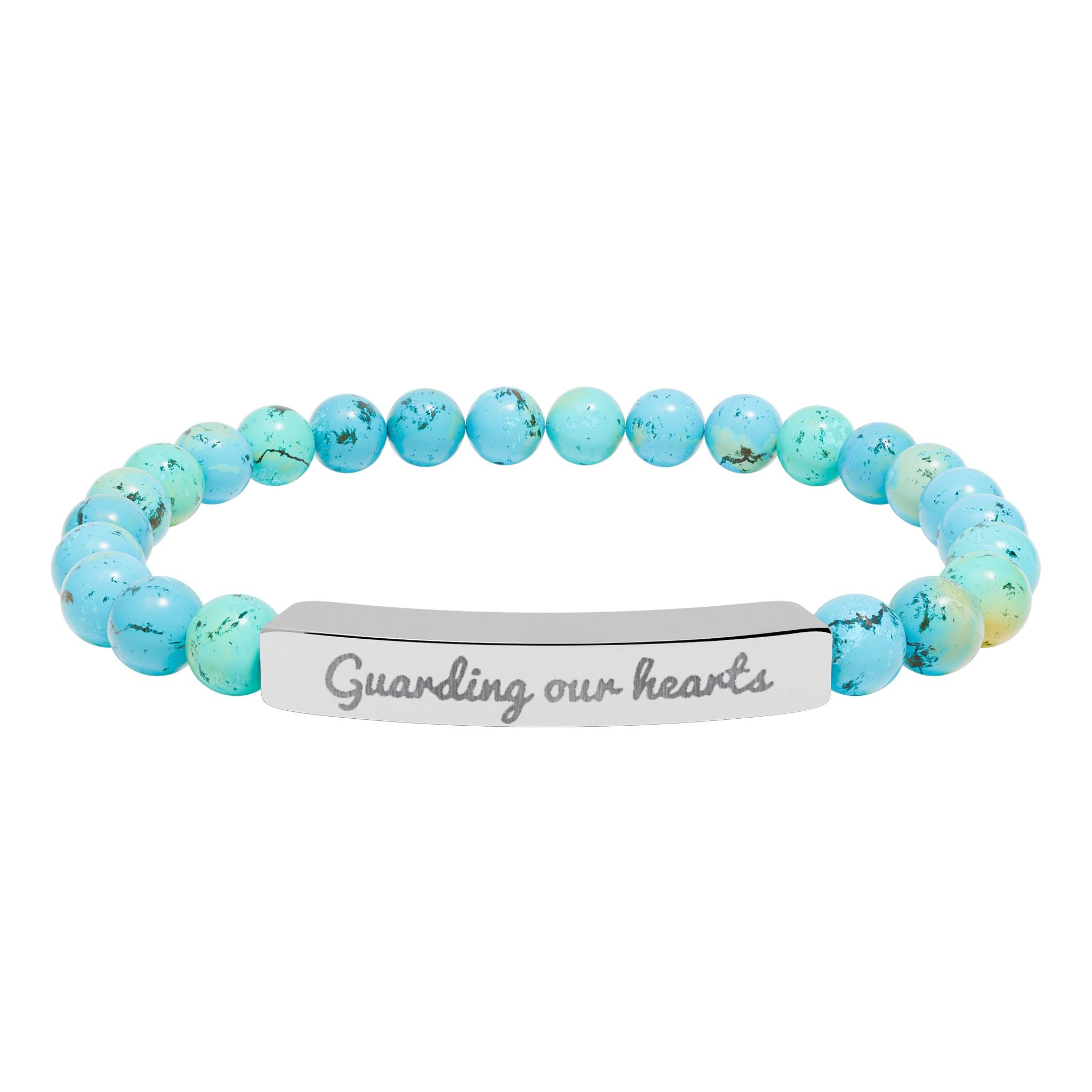 Engraved Natural Stone Stretch Bracelet — 'Guarding Our Hearts' Beaded Bar Bracelet