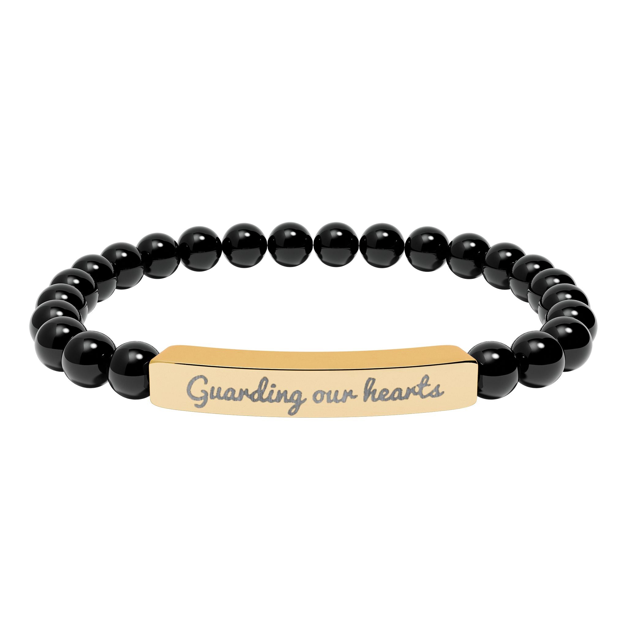 Engraved Natural Stone Stretch Bracelet — 'Guarding Our Hearts' Beaded Bar Bracelet